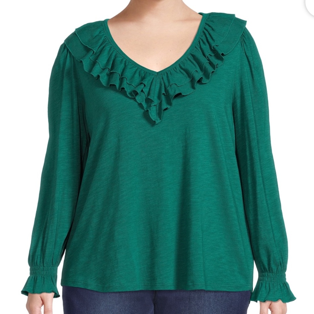 Terra & Sky Women's Plus‎ 3X - 4X Smocked Cuff Ruffle Tee V Neck Tunic Green NWT